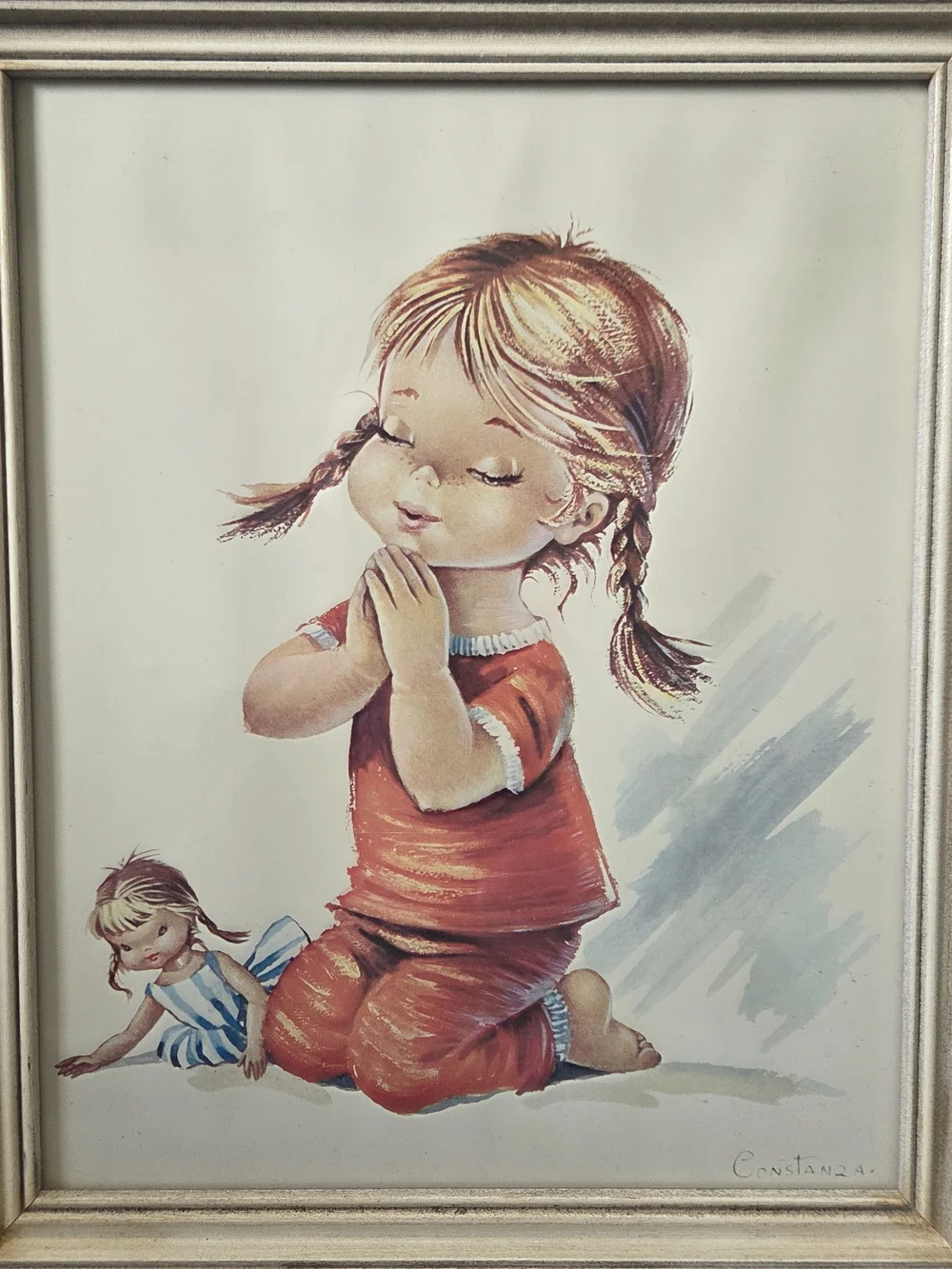 Vintage Constanza Praying Boy & Girl Framed Prints Pair Mid Century Kitsch